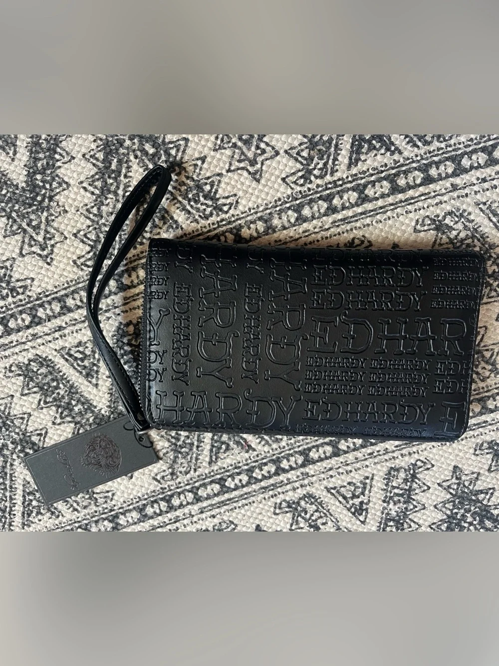 Ed Hardy Black Embossed Logo Zip Wallet with Tag